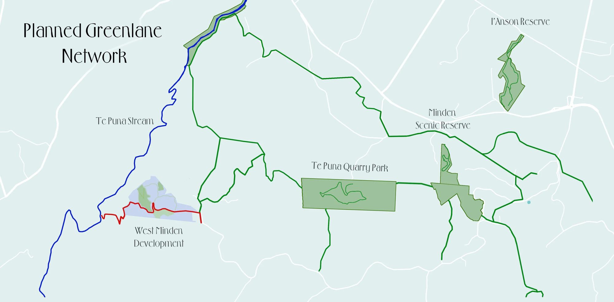 Planned greenlane network linking West Minden to Te Puna Stream, Te Puna Quarry Park and local reserves