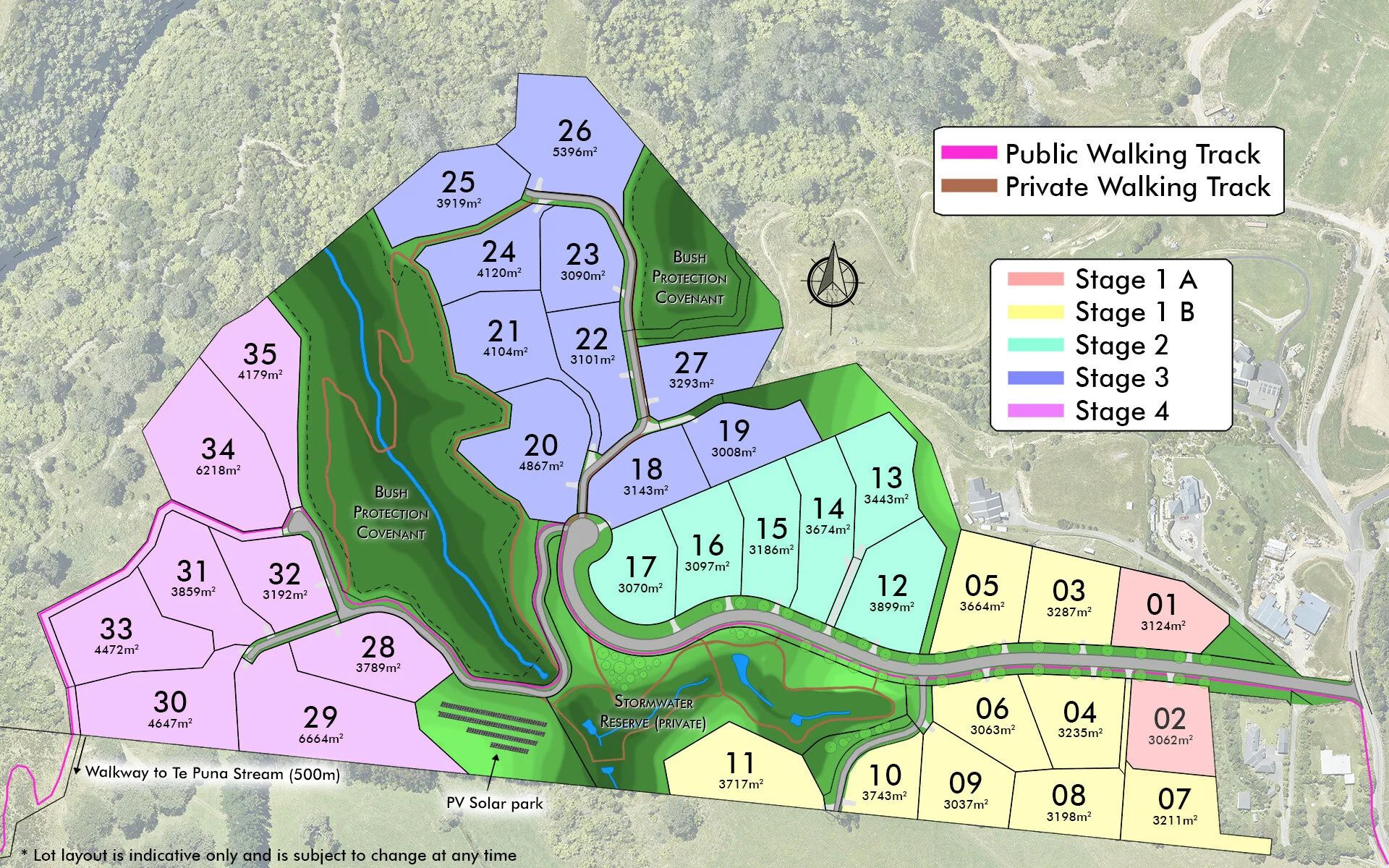 West Minden master plan showing all 35 lots across four stages, walking tracks and the solar park